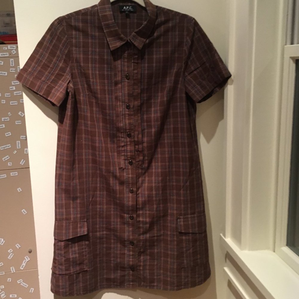 A.P.C. Brown Plaid Shirt Dress with Short Sleeves